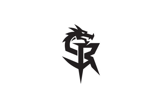 Dynamic dragon logo design featuring bold sr monogram for brand identity