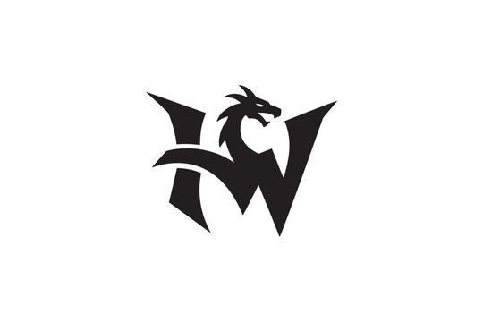 Dynamic dragon silhouette logo design incorporating initials hw bold and textured