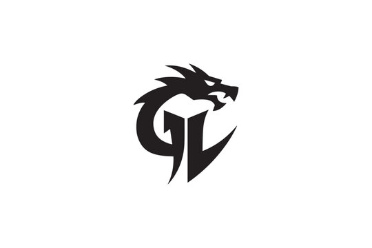 Dynamic gl logo design featuring a fierce dragon head and stylized letters