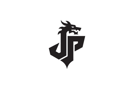 Dynamic jp logo design featuring a fierce dragon head symbol of power