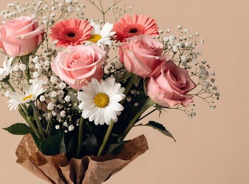 Elegant bouquet featuring soft pink roses, vibrant coral gerbera daisies, cheerful white daisies, and delicate baby's breath against warm beige background