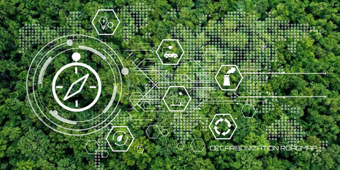 Aerial view of a dense green forest canopy overlaid with a digital roadmap infographic showing environmental sustainability icons and a compass for navigation towards a decarbonization strategy © KHAN VECTOR CO. 