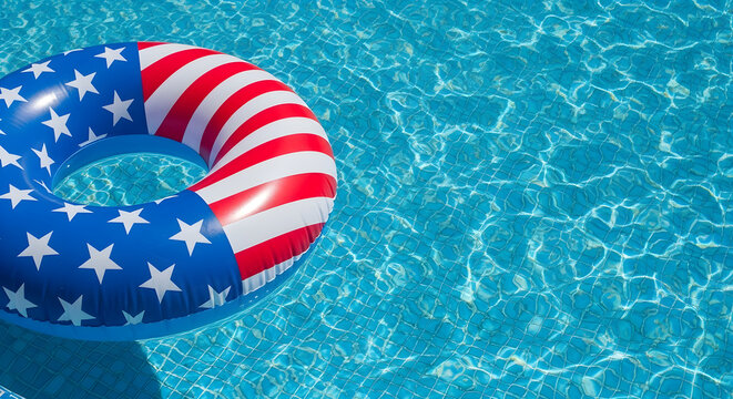 Independence day pool fun with patriotic american floats on water