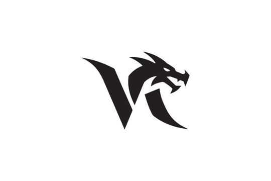 Dynamic vr logo design featuring a fierce dragon head integrated with letter v