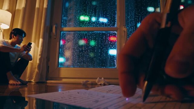 Jesus Christ comforts someone after a breakup as despair turns into a small, future-focused step. Rainy neon reflections and journal close-ups create strong emotional recovery footage.