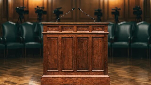 Focused shot of the empty monetary policy podium with blurred media cameras and chairs behind suggesting an awaiting announcement environment.