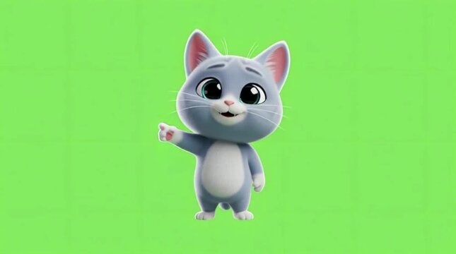 Cute 3D Cartoon Cat Pointing Gesture on Green Screen for YouTube Content