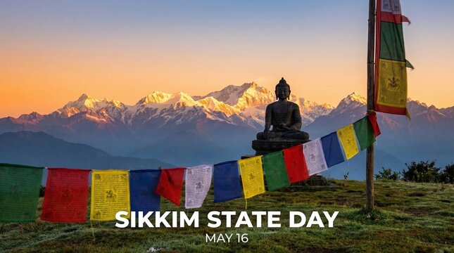 A breathtaking view of Sikkim&rsquo;s snow-capped mountains, with colorful Buddhist prayer flags fluttering in the wind