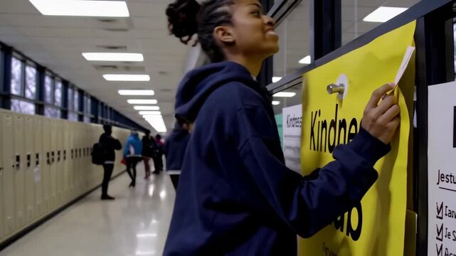 Jesus Christ supports a teen launching a school kindness club as sign-ups grow from hesitation to excitement. Locker-hall tracking and signup close-ups create strong youth culture footage.