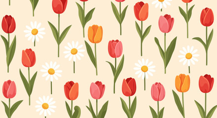 Obraz premium Seamless vector pattern with red, pink, orange tulips and white daisies on a light beige background