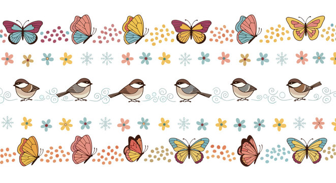 Seamless vector border set with colorful butterflies, birds, and floral elements for spring designs