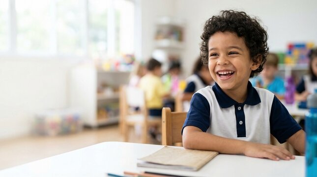 Happy young schoolboy in white and blue uniform with copy space