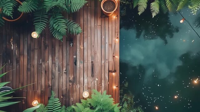 Wooden dock with green plants and pond top view outdoor scene