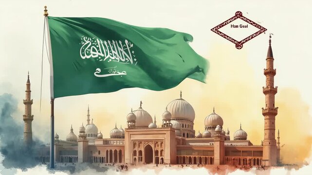 Saudi founding day celebration watercolor poster.  
