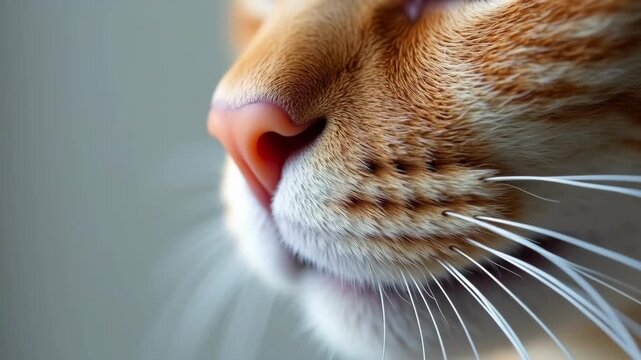 Macro close up of ginger cat's nose, whiskers and mouth breathing, highlighting the intricate details of feline anatomy and sensory perception 
