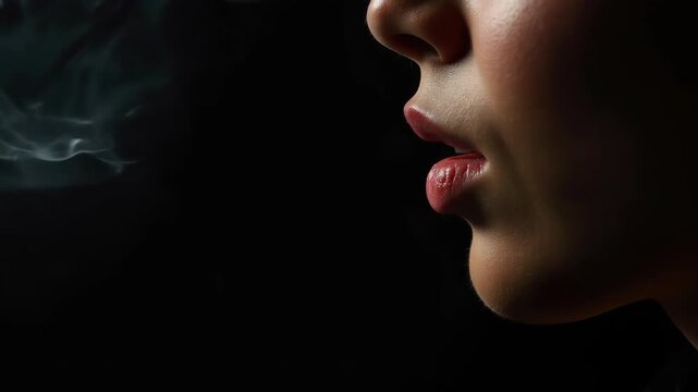 Close up captures a woman's lips and teeth as she exhales a plume of smoke against a stark black backdrop, creating a dramatic contrast and highlighting the delicate contours of her mouth