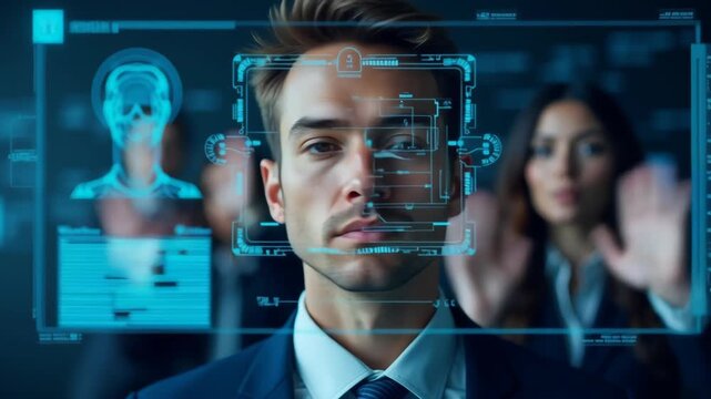 Business executive stares into camera with facial recognition grid and data overlay, team behind him illustrating biometric identity verification, ai security and access control systems
