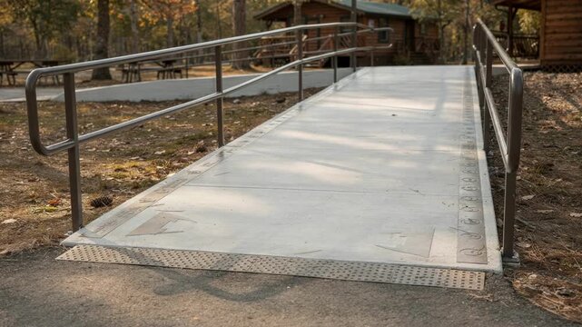 Medium shot focused on a clean smooth paved ramp with clear tactile signage emphasizing ease of movement and accessibility for all camp visitors.