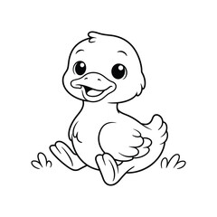 Fototapeta premium Chubby Duckling Sitting Outdoors Coloring Page Kawaii Style Kids Printable Black White Outline