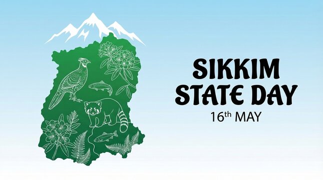 Greetings on Sikkim State Day featuring the state's map and key symbols, this day is celebrated annually on May 16th to honor Sikkim's rich heritage and