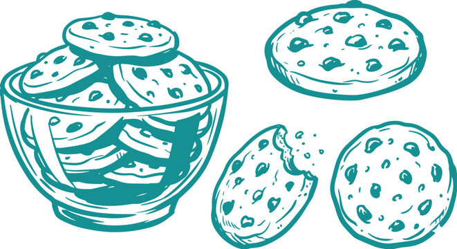 Cookies Vector Set, Hand Drawn Biscuit Snack Clipart Design, Sweet Food Line Art Illustration Collection.