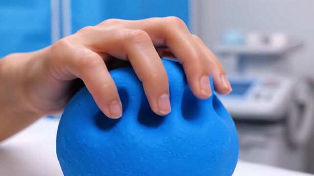 Macro view of a person's hand squeezing blue therapy putty. This exercise helps improve grip strength and hand mobility. Ideal for medical, rehabilitation, and wellness content.