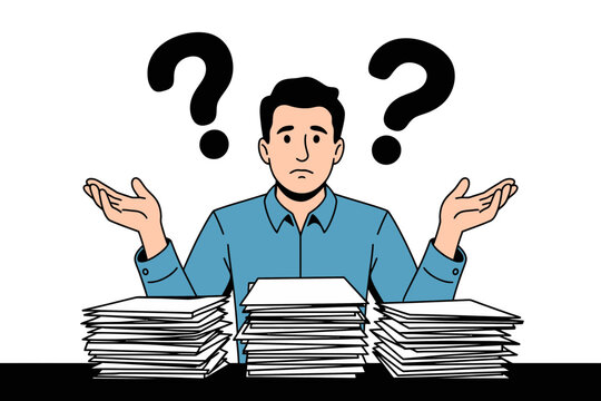 A confused man sitting at a desk with stacks of paperwork and question marks above his head