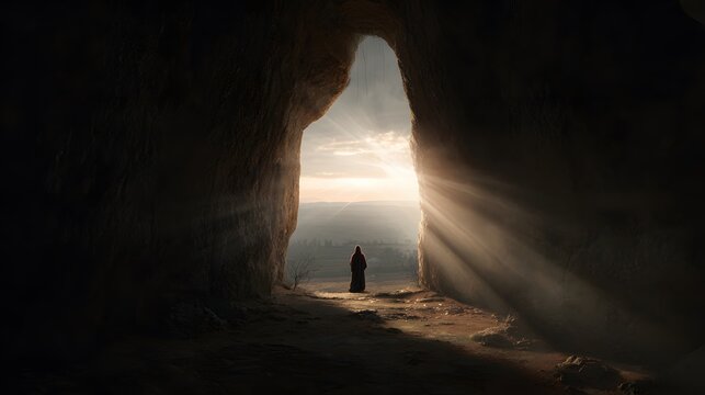 Lazarus stepping forward into light as Christ calls him outward, dark tomb interior contrasting with bright exterior landscape, radiant light beams symbolizing transformation, wide angle shot with a 2