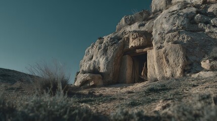 Lazarus reviving behind the tomb barrier unseen by those outside, exterior view of sealed burial site with subtle signs of movement implied, calm natural lighting across the terrain, static wide shot 