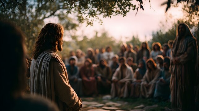 Lazarus recounting his experience to listeners while Christ stands nearby, quiet outdoor setting with attentive audience, soft evening light creating reflective atmosphere, medium shot with a 50mm len