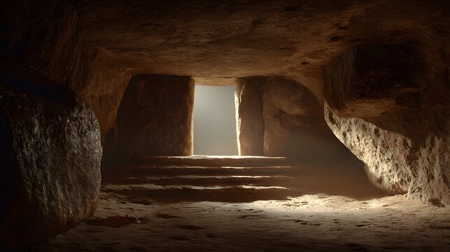 Lazarus beginning to rise within the tomb space before stepping outward, burial chamber filled with symbolic stillness, soft diffused light forming within the interior rather than outside, medium inte