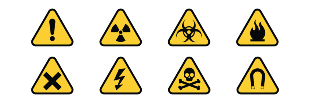 Yellow warning triangle icons with hazard symbols for safety alerts and industrial danger signs.