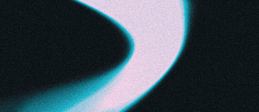 Retro style grainy background, purple turquoise abstract shape on black noisy backdrop, glowing vibrant noise texture header, banner, poster, music cd cover design