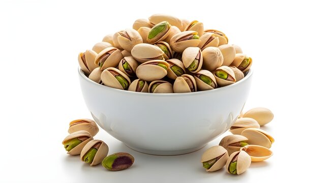A full white ceramic bowl overflowing with natural, unshelled pistachios with some scattered around