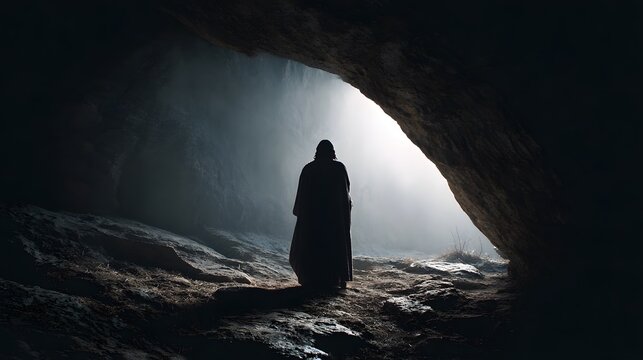 Christ standing firmly before the open tomb without speaking yet commanding attention, burial environment quiet and expectant, subtle light outlining Christ&rsquo;s silhouette, low angle shot with a 35mm le