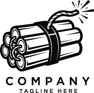 Black-and-white vector logo of dynamite bundle with lit fuse, explosive energy design template for bold branding and marketing impact.