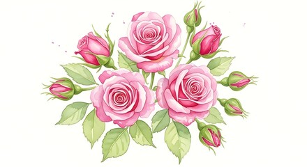 Naklejka premium Elegant Watercolor Painting of Pink Roses and Buds