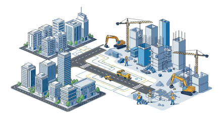 Obraz premium Isometric city development: established buildings contrast with ongoing construction site.
