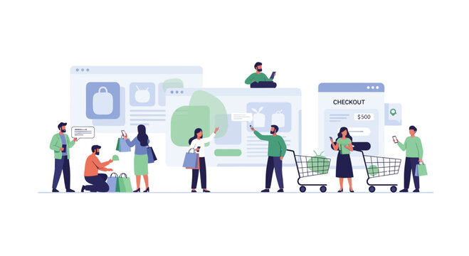 Online Shopping Concept: Diverse People Interact with E-commerce Interfaces and Shopping Carts