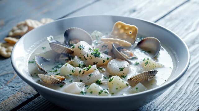Delicious Clam Chowder Served in a Bowl With Crackers and Fresh Parsley
