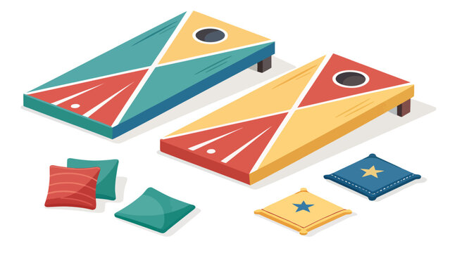 Two cornhole boards with colorful geometric patterns and bean bags, arranged for a game on a white background, bean bag toss