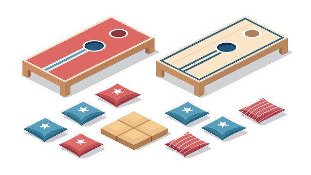 Isometric vector illustration of cornhole game boards and bean bags with bean bag