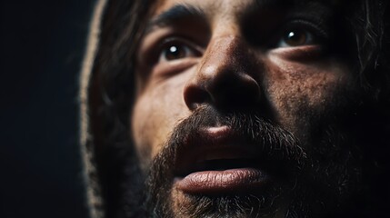 Christ captured in the exact moment of speaking with unwavering authority, minimal environment keeping full focus on subject, focused spotlight lighting creating stark contrast against dark surroundin