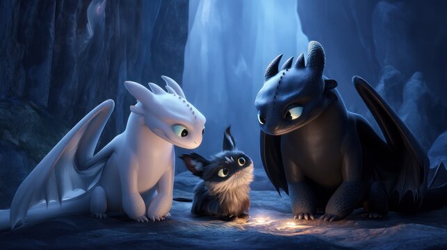 Family of dragons creatures of fantasy in a cave setting