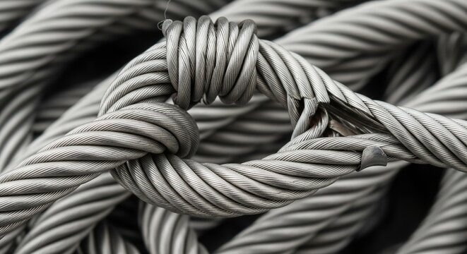 A high-angle, close-up shot of a heavy-duty grey steel wire rope showing a looped eye and a damaged, frayed section.