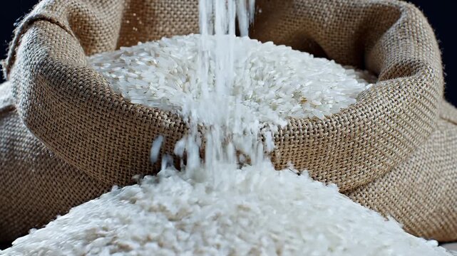 Close-Up of White Rice Pouring From a Burlap Sack, Slow Motion