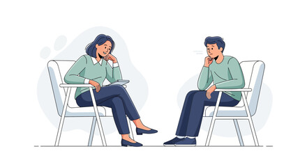 Fototapeta premium Therapy Session: Woman Counselor and Man Patient Talking in Office