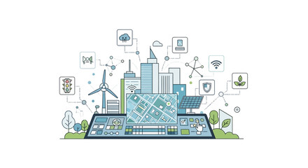 Obraz premium Smart City Technology Network with Icons, Buildings, Wind Turbine, Map Interface