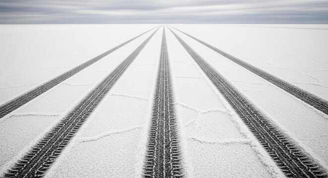 Multiple parallel tire tread marks stretching toward the horizon on a vast, flat white landscape under a cloudy sky.