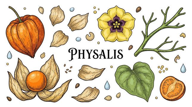 Botanical Vintage Physalis Illustration Set with Cape Gooseberry Fruit, Flower, Leaf and Seeds on Black Background